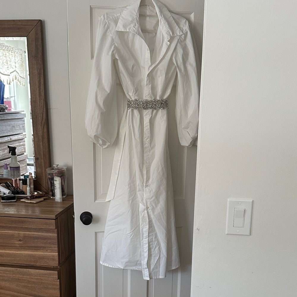 Nothing Fits But Maternity and Bump White Long Sleeve Dress with Silver Belt